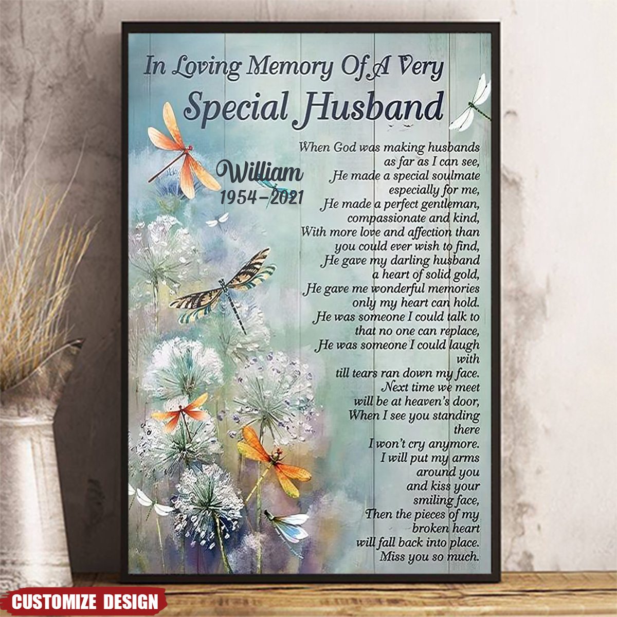 In Loving Memory Of Special Husband Dandelion Dragonfly - Personalized Memorial Poster