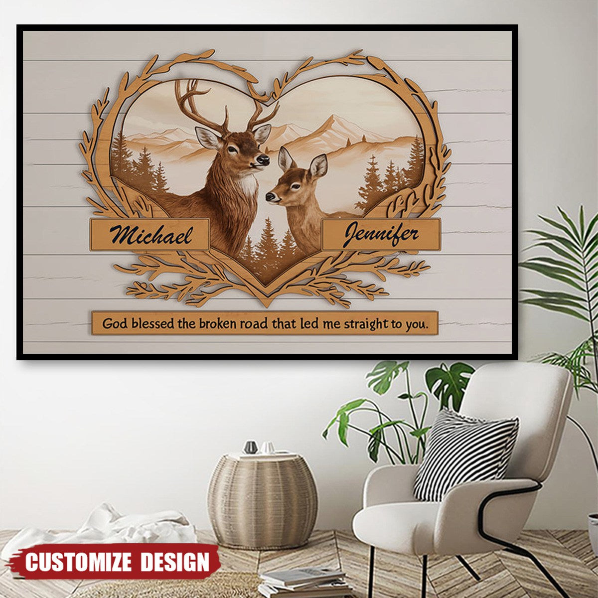 Personalized Deer Love Mountains Poster - Gift For Couple