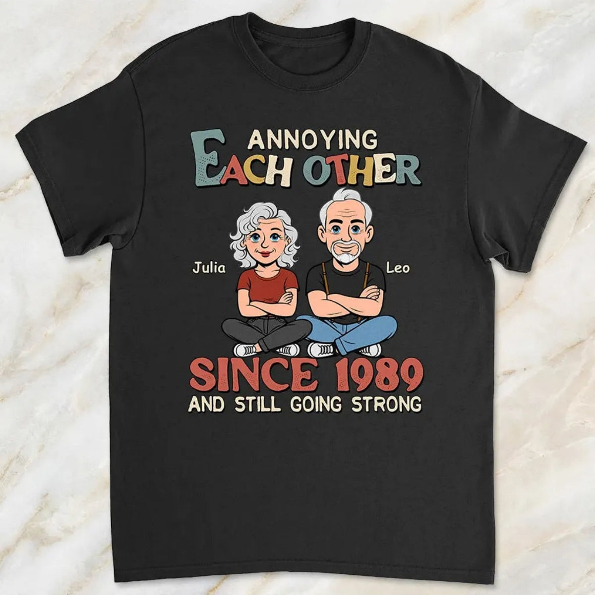 Personalized Classic Tee Funny Couple Cartoon Sitting Together Cute Gift for Husband or Wife Annoying Each Other Vibe