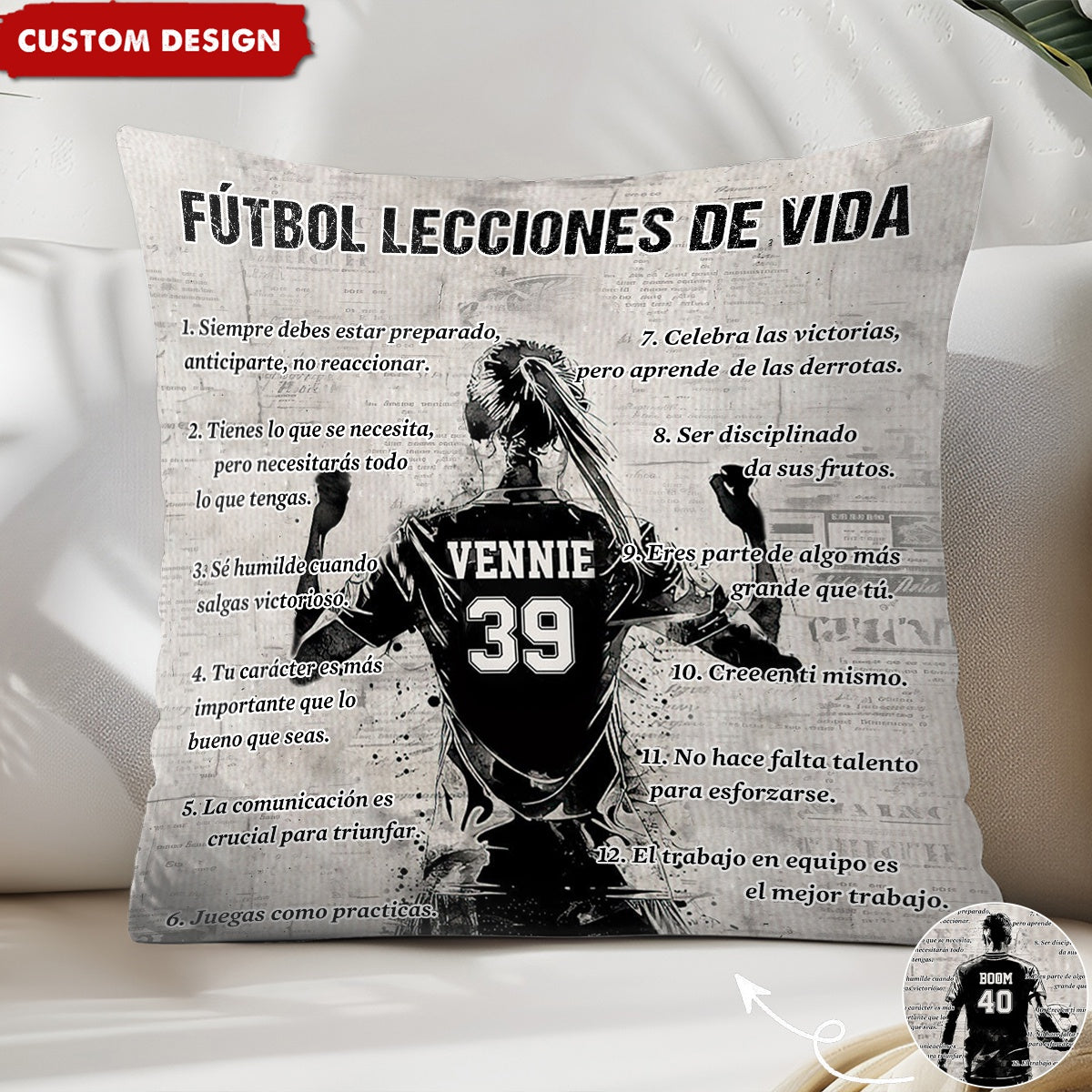Almohada personalizada con lecciones de vida sobre fútbol - regalo para los amantes del fútbol