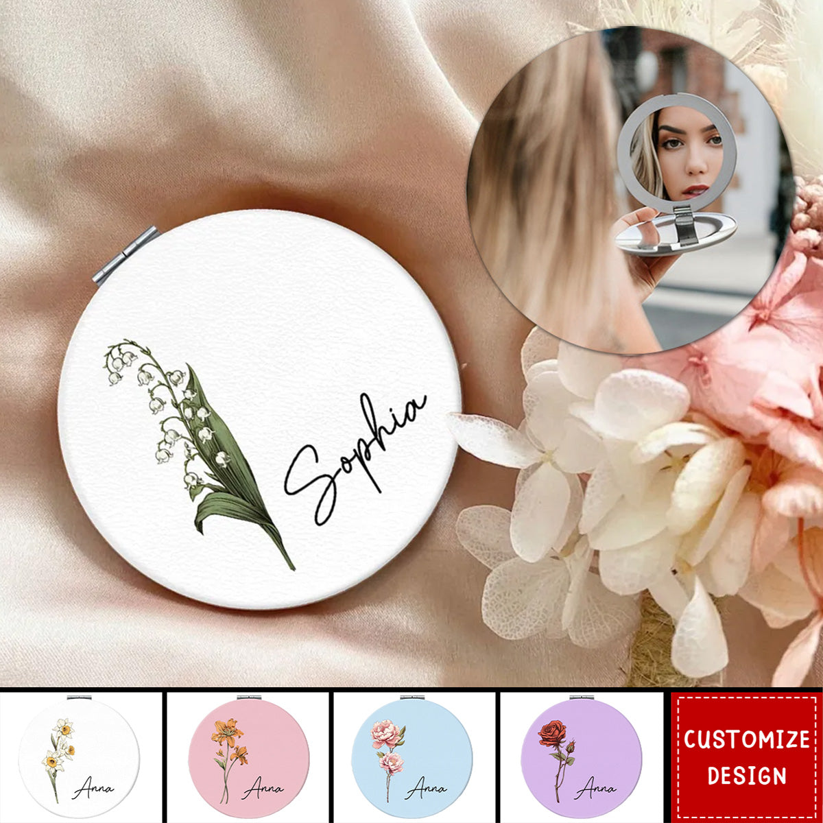 Beautiful Birth Month Flower Personalized Circle Compact Mirror