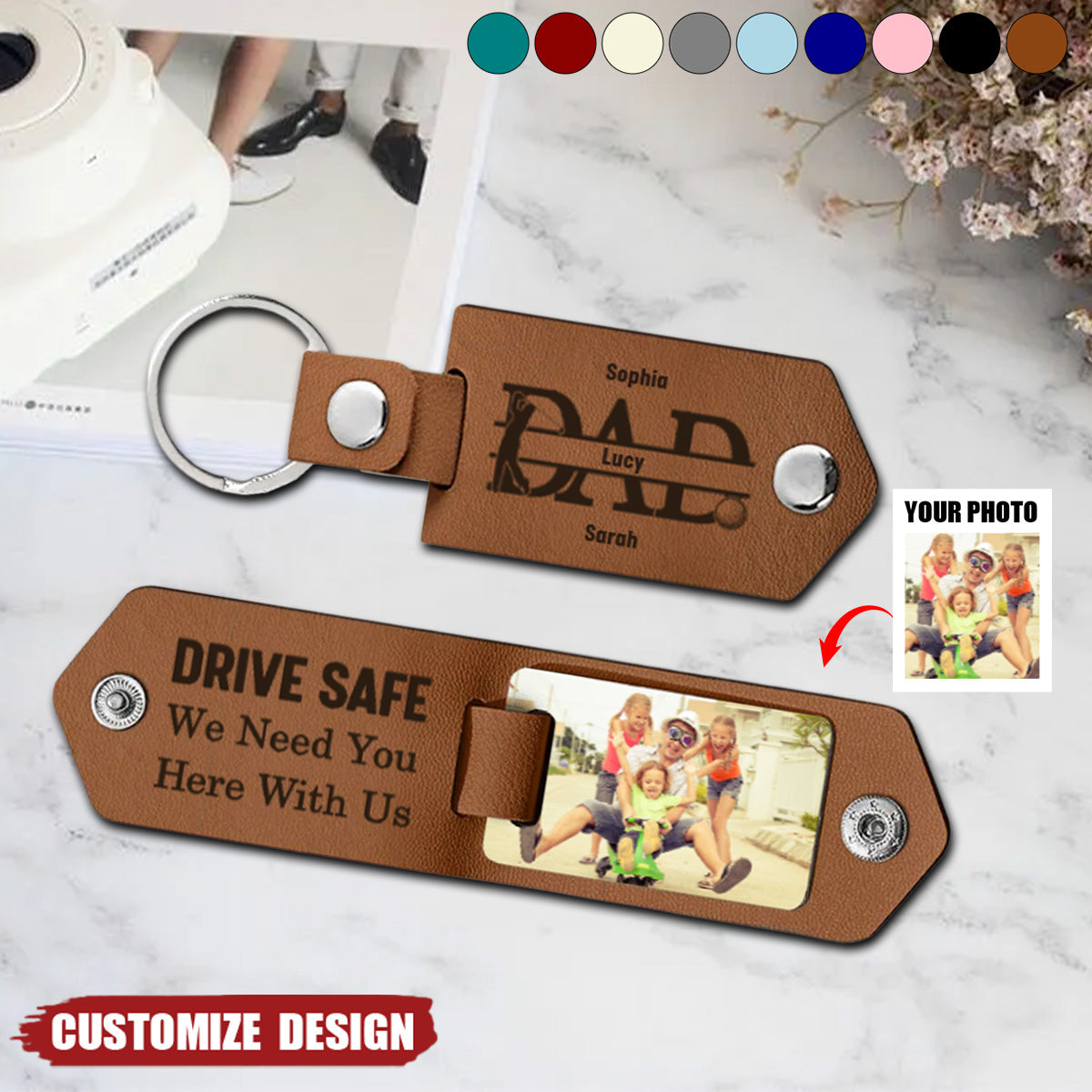 Dad Drive Safe With Kids Names - Personalized Leather Photo Keychain
