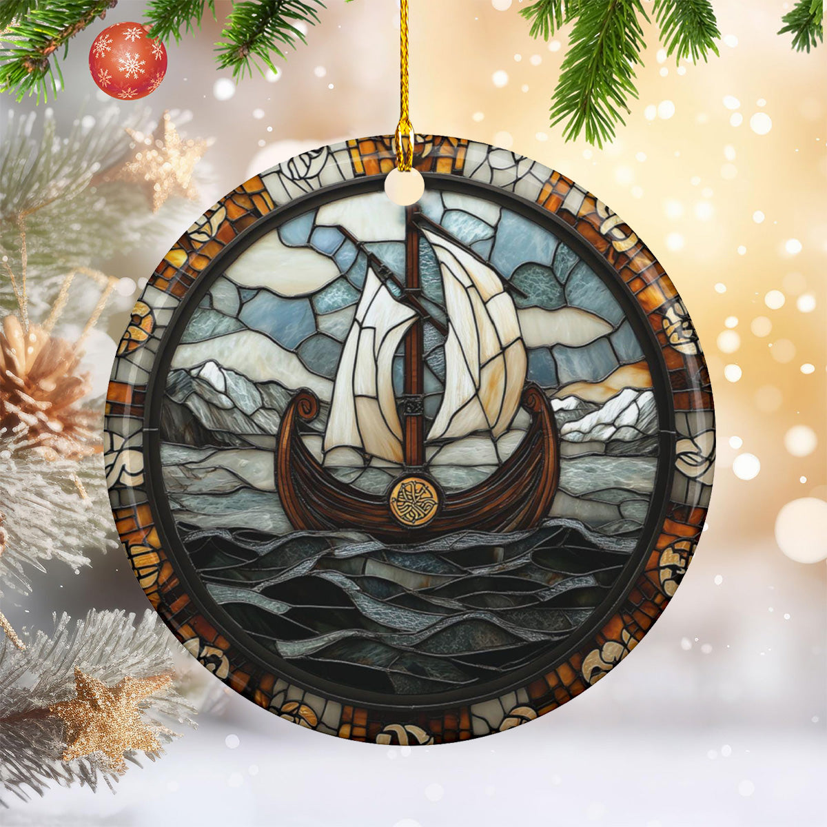 Round Viking Ship Ceramic Ornament