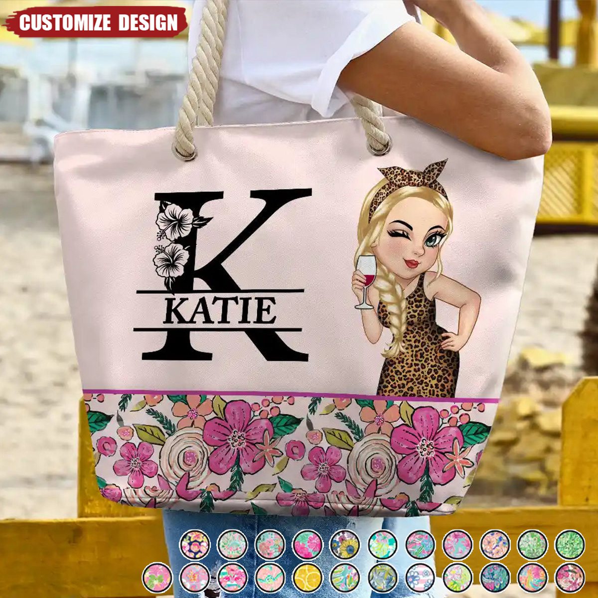 Monogram Floral Tropical Girl - Personalized Beach Bag