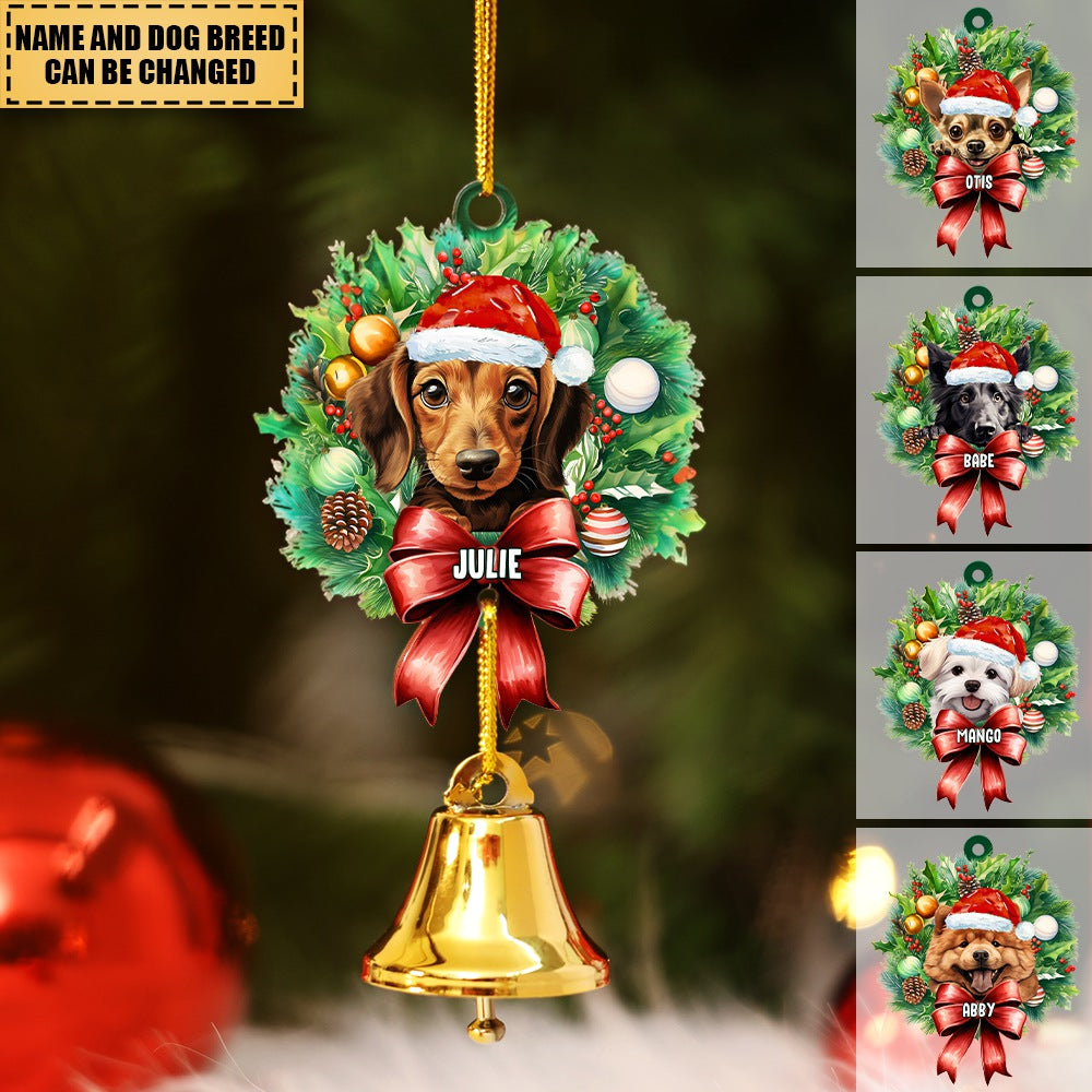 Dog with Christmas Hat - Personalized Acrylic Christmas Ornament with Ring Bell
