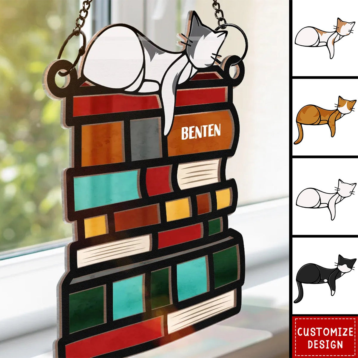 Sleeping Cat On The Books - Personalized Window Hanging Suncatcher Ornament