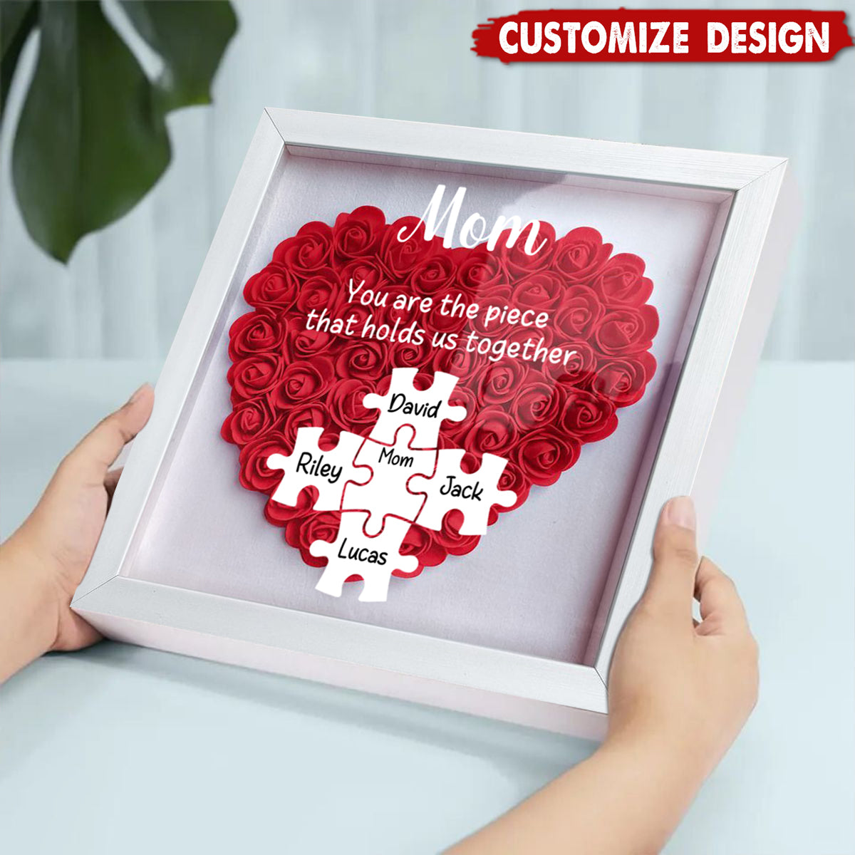 Personalized Mom Puzzle With Kids Names Heart Flower Shadow Box-Mother's Day Gift