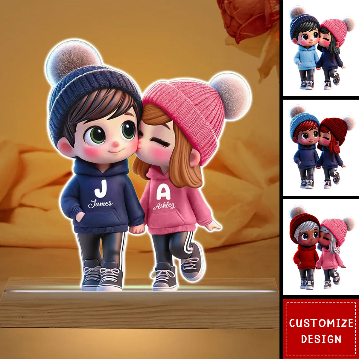 Cute Cartoon Couple Walking Personalized Custom Shaped LED Night Light-Gift for Him, Gift for Her