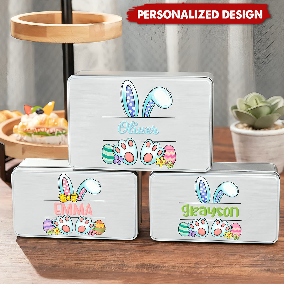 Cute Bunny Easter Eggs-Personalized Metal Biscuit Tin-Easter Gift for Kids