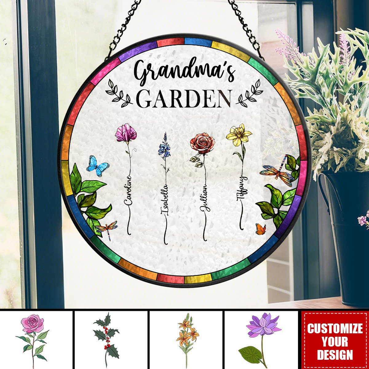 Birth Flower Grandma's Garden - Personalized Stained Glass Window Hanging Suncatcher