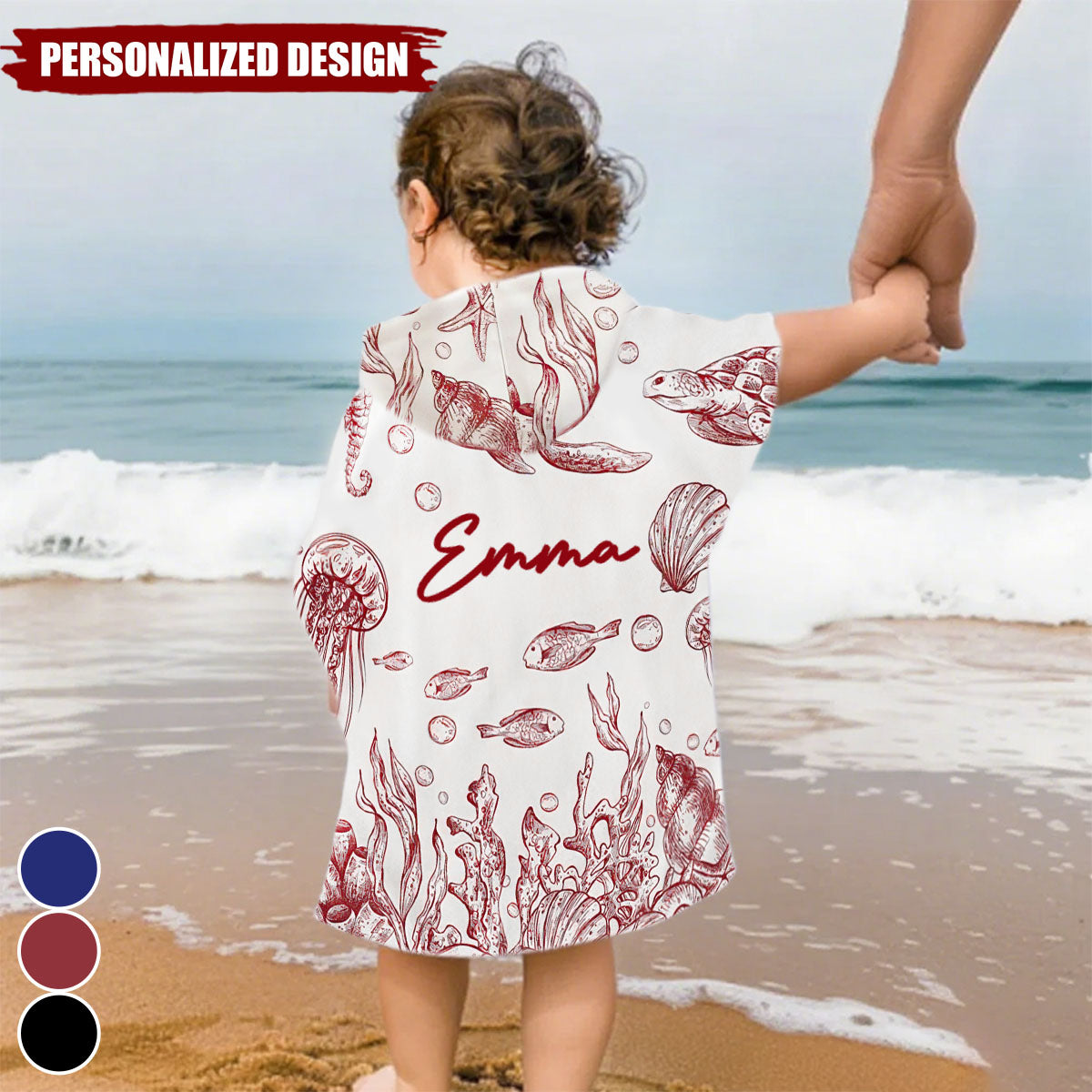 Under The Sea Toile De Jouy-Personalized Kids Hooded Towel