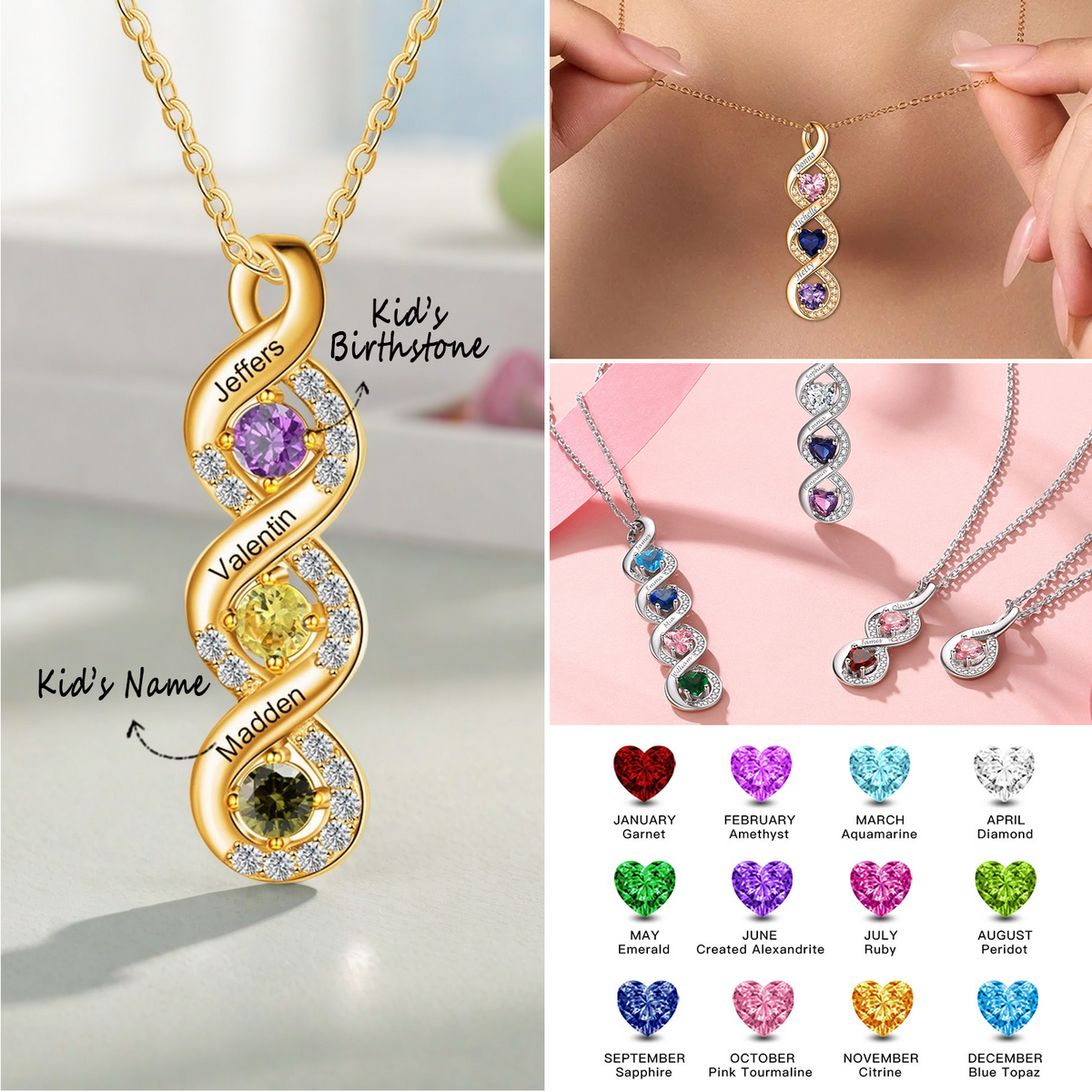 Personalized Infinity Heart Birthstone Necklace, Mother's Day Gift