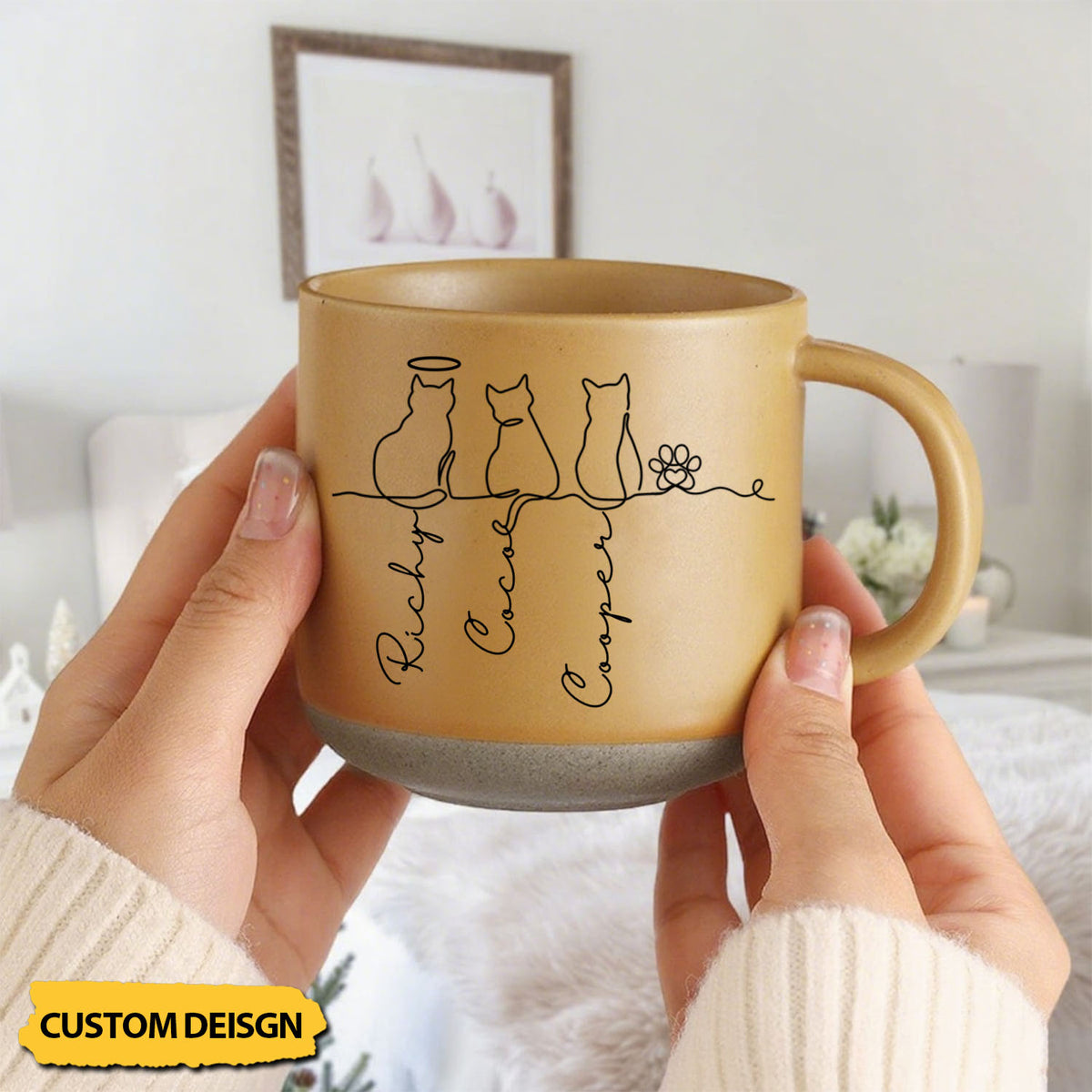 Line Art Cute Cats - Personalized Pottery Mug, Gift for Cat Lovers