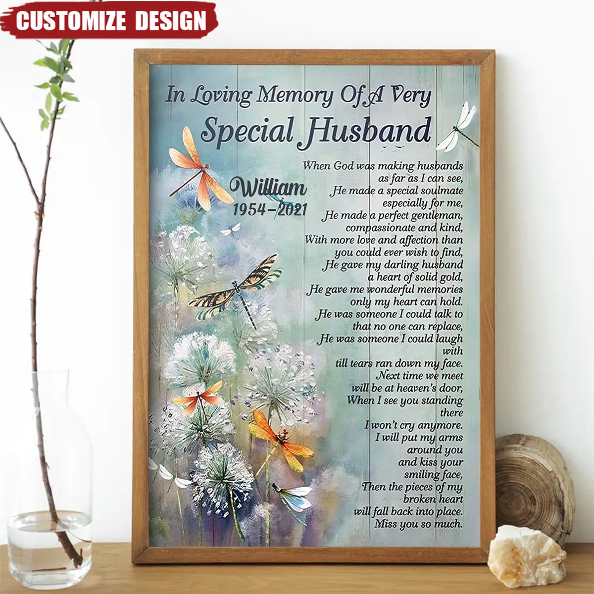 In Loving Memory Of Special Husband Dandelion Dragonfly - Personalized Memorial Poster
