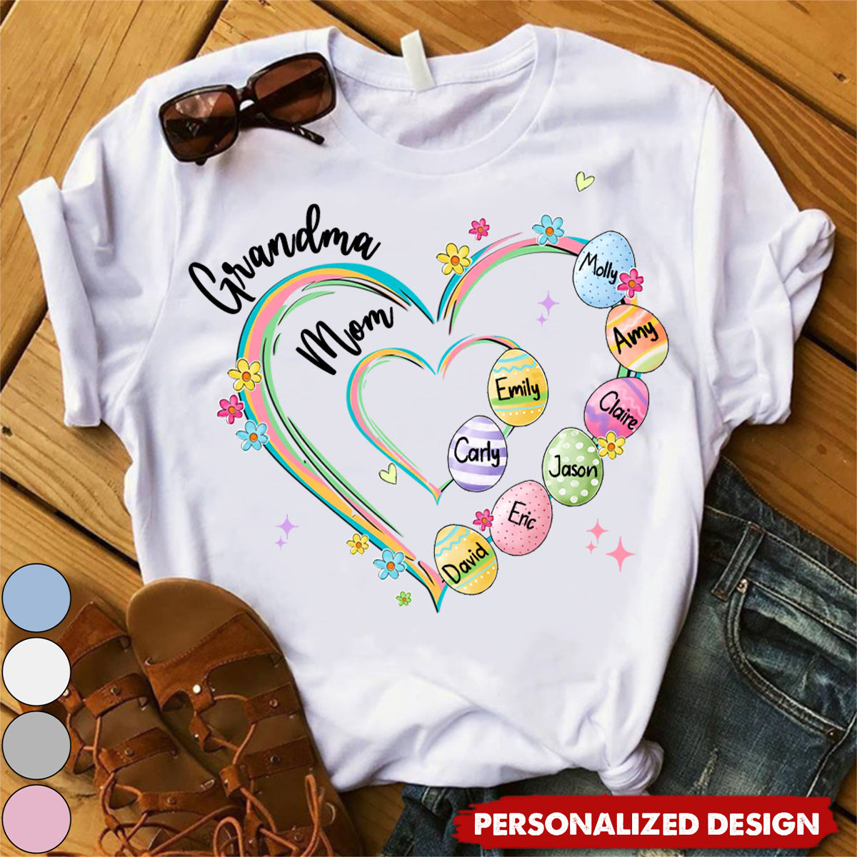 Heart Grandkid Name-Personalized T-Shirt-Gift For Grandma Mom Easter Day