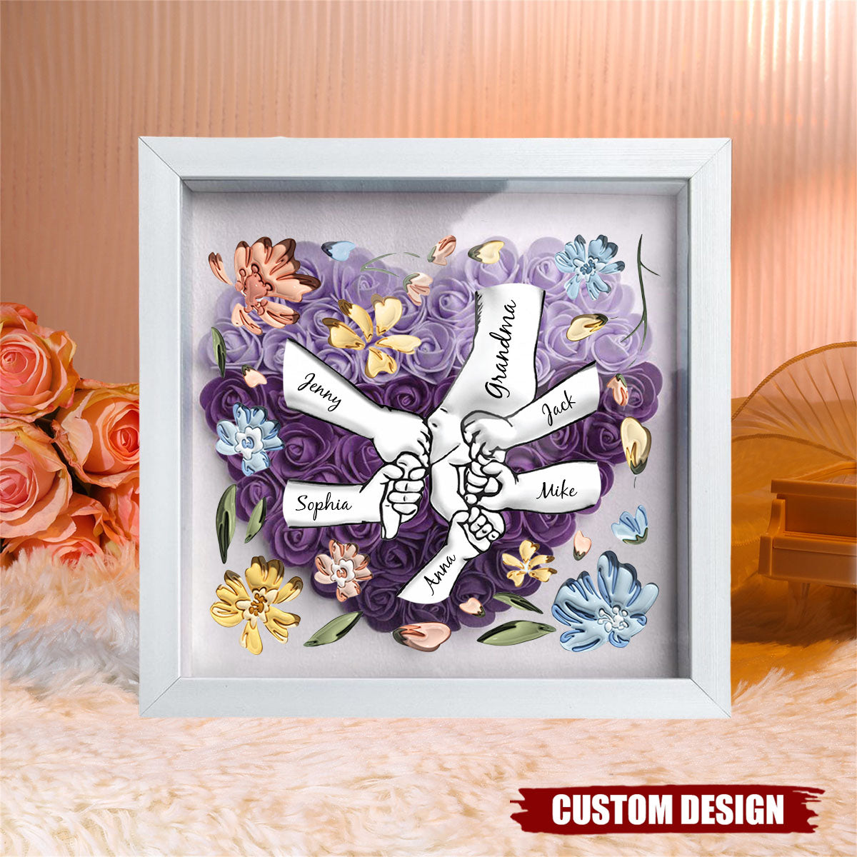 Holding Mom's Hands - Personalized Flower Shadow Box With Name
