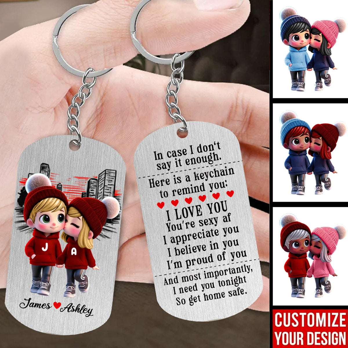 Cute Cartoon Couple Walking Personalized Stainless Steel Keychain- Gift For Couple