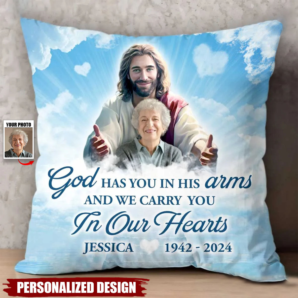 God Has You In His Arm-Personalized Memorial Pillow-Gift For Friends Family
