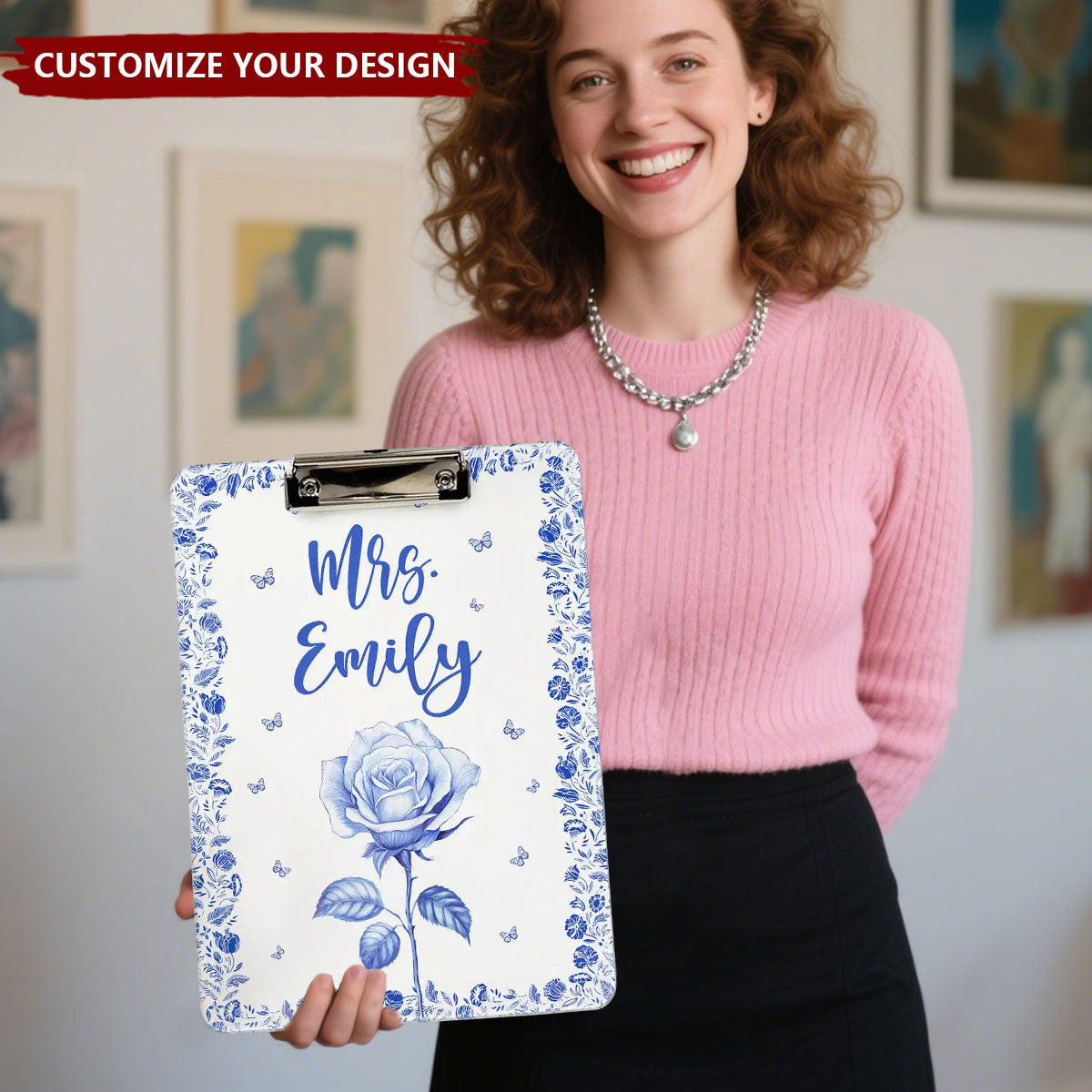 Birth Flower Chinoiserie Toile Art - Personalized Acrylic Clipboard