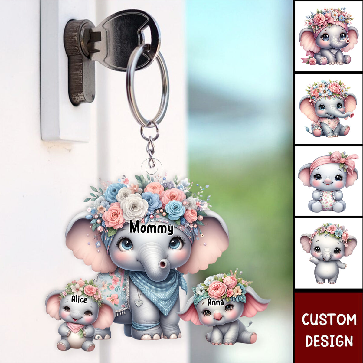 Grandma/Mama Elephant With Flowers - Personalized Acrylic Keychain - Gift For Mom, Grandma