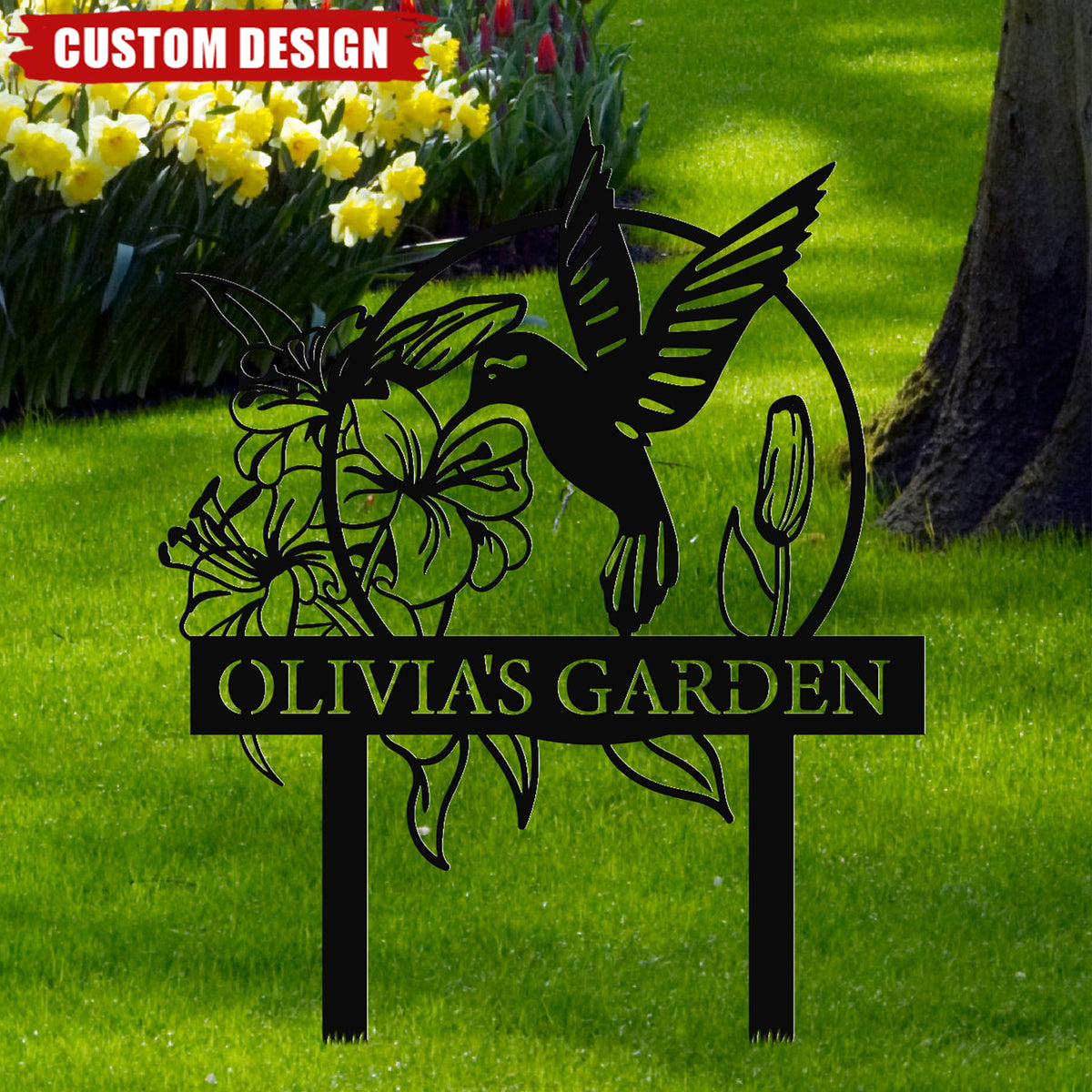 Hummingbird With Flower Personalized Metal Garden Sign