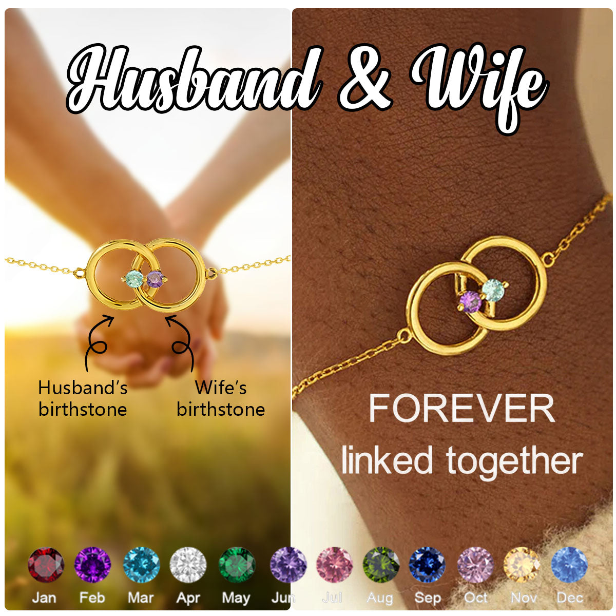 Personalized Husband & Wife Linked From the Heart Two Birthstones Interlocking Bracelet