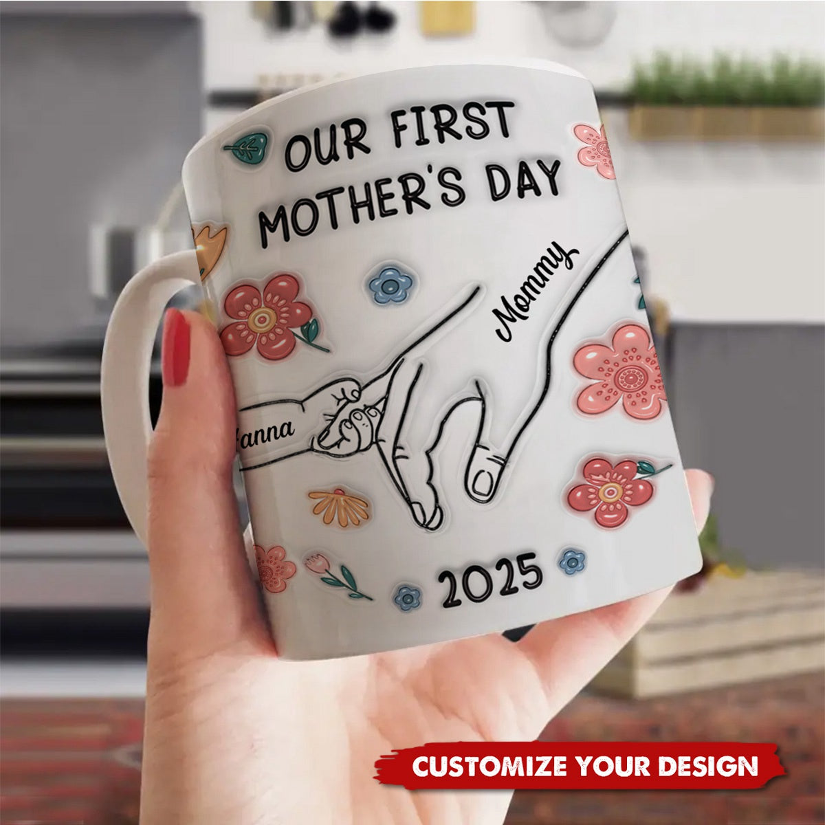 Our First Mother's Day 3D Inflated Baby Holding Mum Hand Personalized Mug