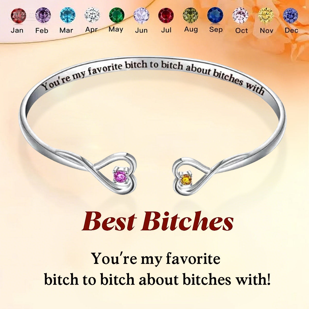 For Friend - You're My Favorite B*ch Double Hearts Custom Birthstones Bracelet