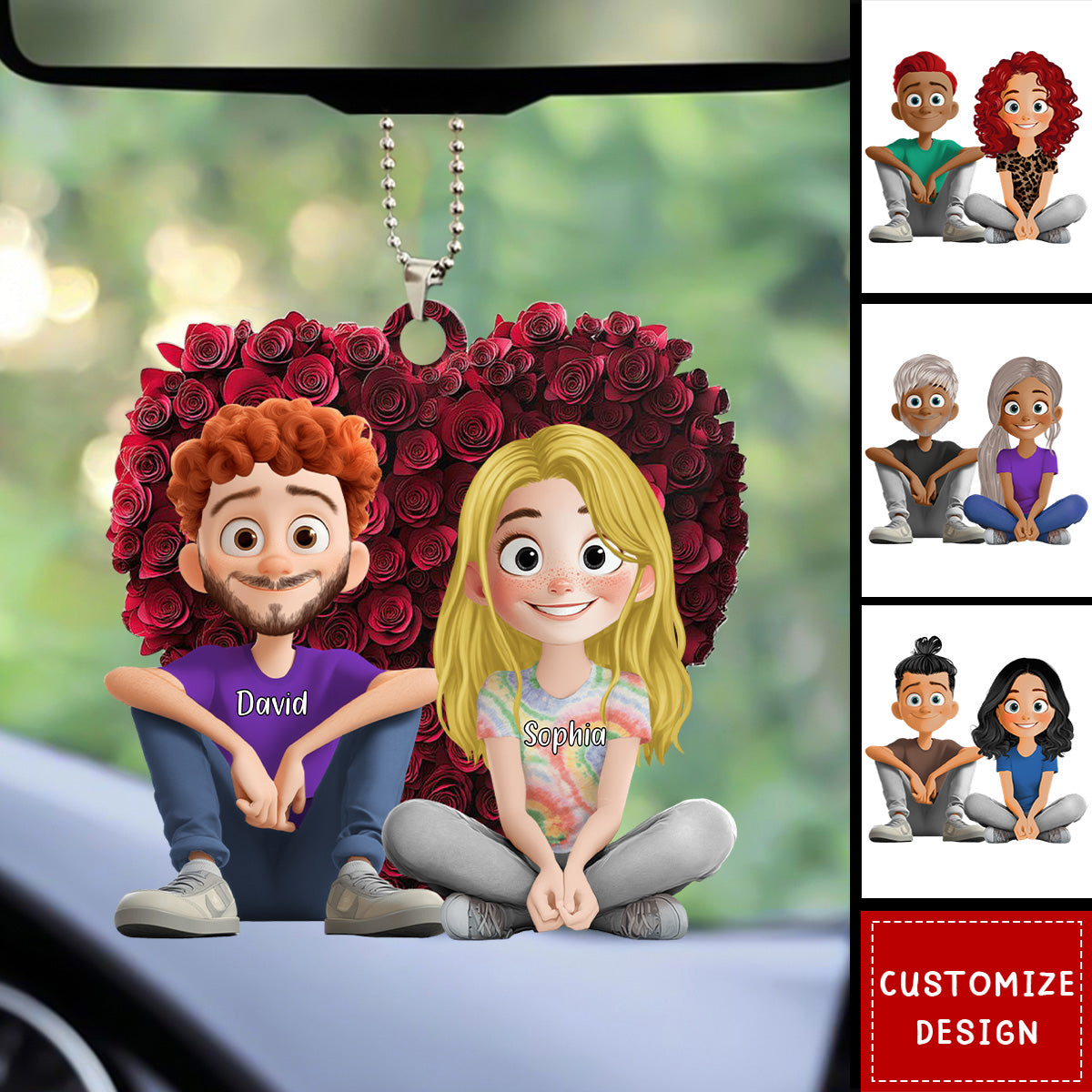 Couple With Rose Heart - Personalized Acrylic Car Ornament-Gift For Couple