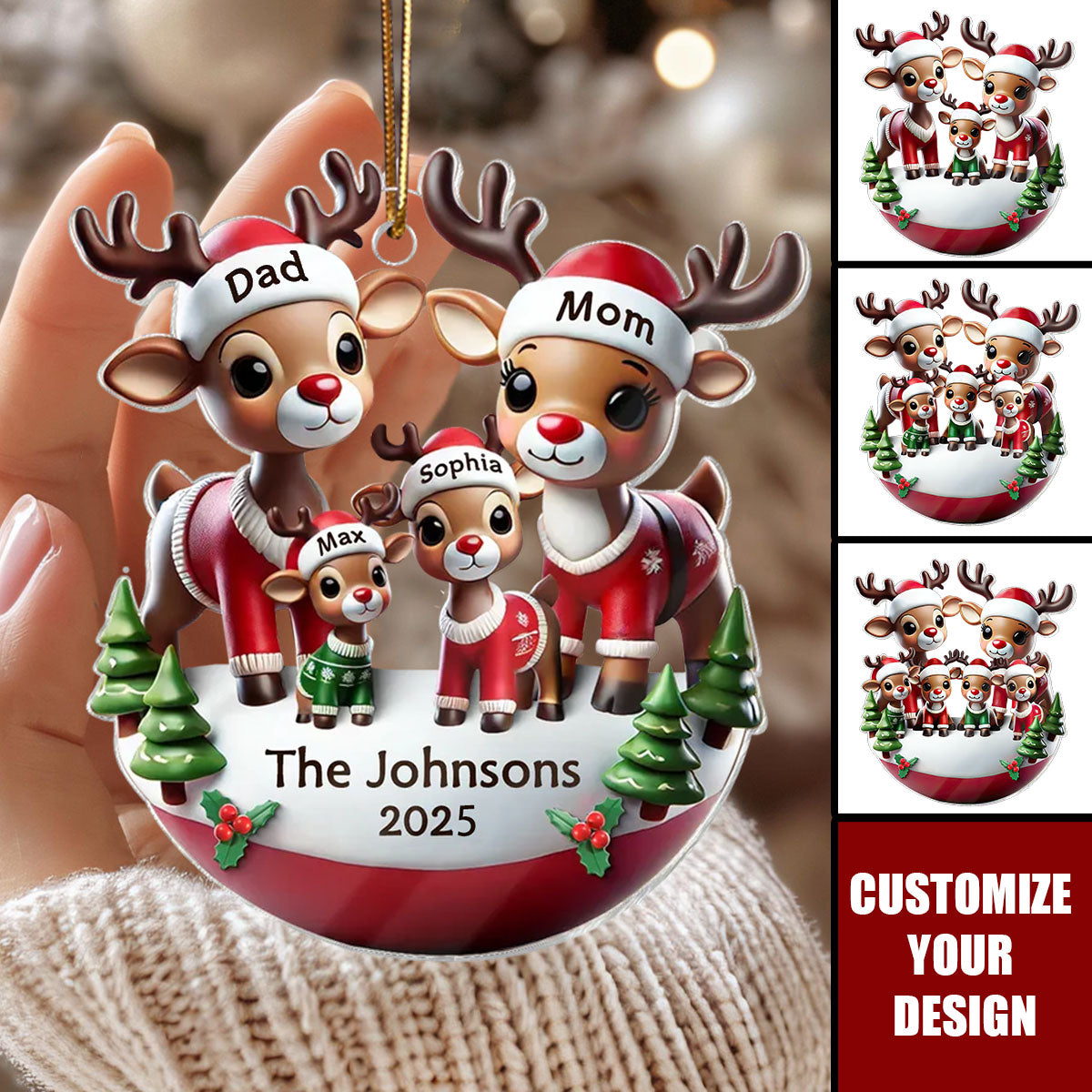 Reindeer Family 3D Effect Cute Christmas Decor Personalized Acrylic Ornament