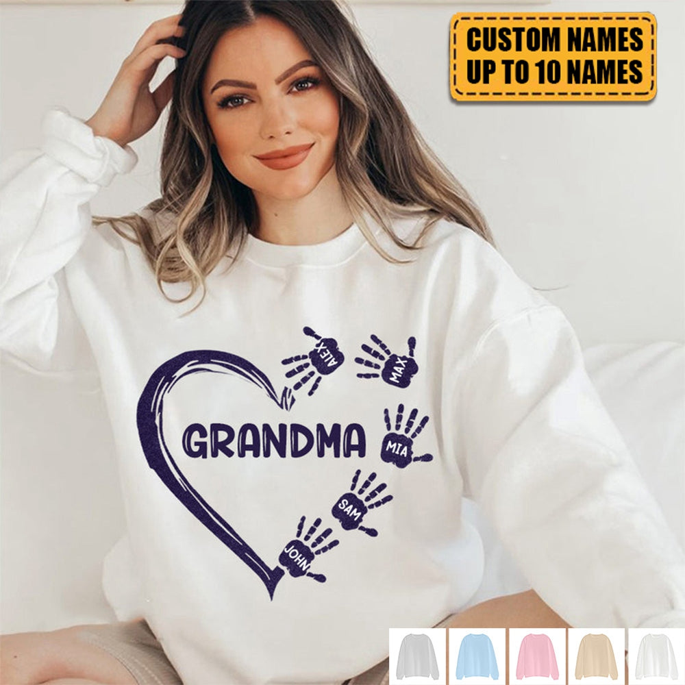 Grandma Mom Heart Kids' Handprints Custom Names Personalized Sweatshirt