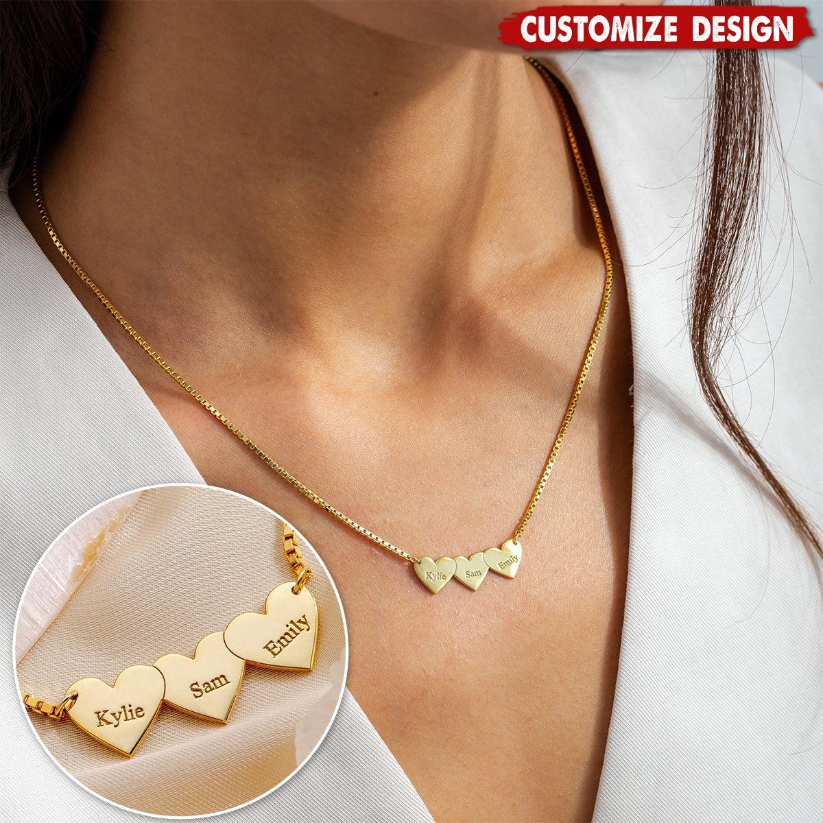 Personalized Name Hearts Necklace - Gift For Mom,Grandma