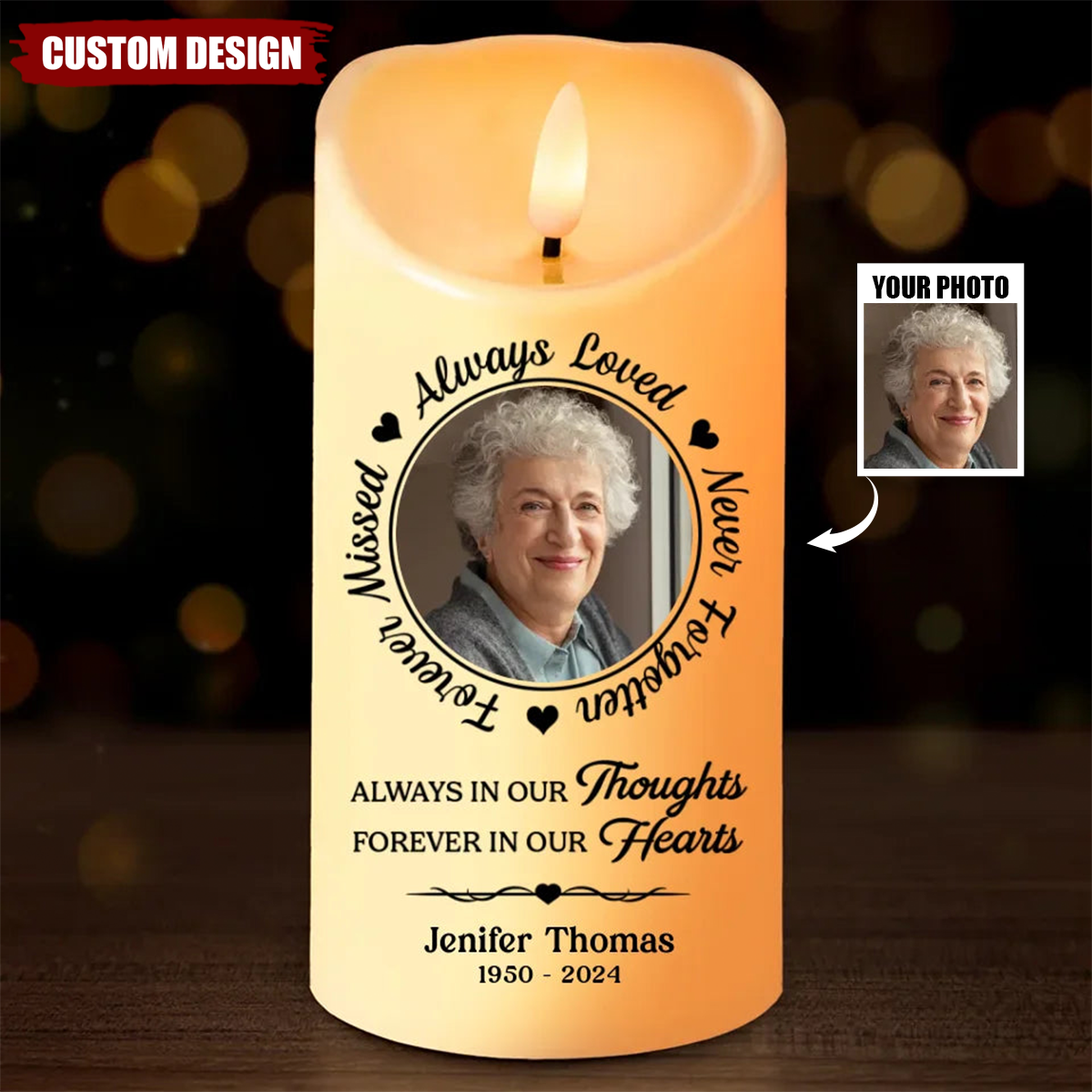 Always In Our Thoughts - Memorial Personalized LED Candle, Sympathy Gift For Family