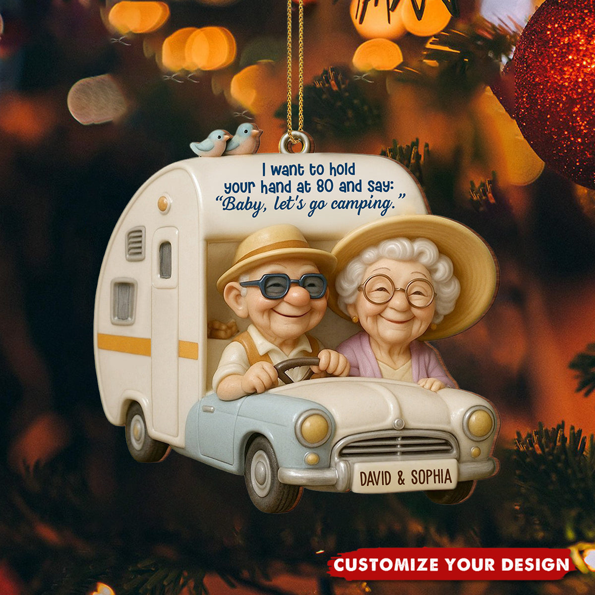 Hold Your Hand At 80, Baby Let’s Go Camping, Persoanlized Wood Ornament, Gift For Elderly Couples