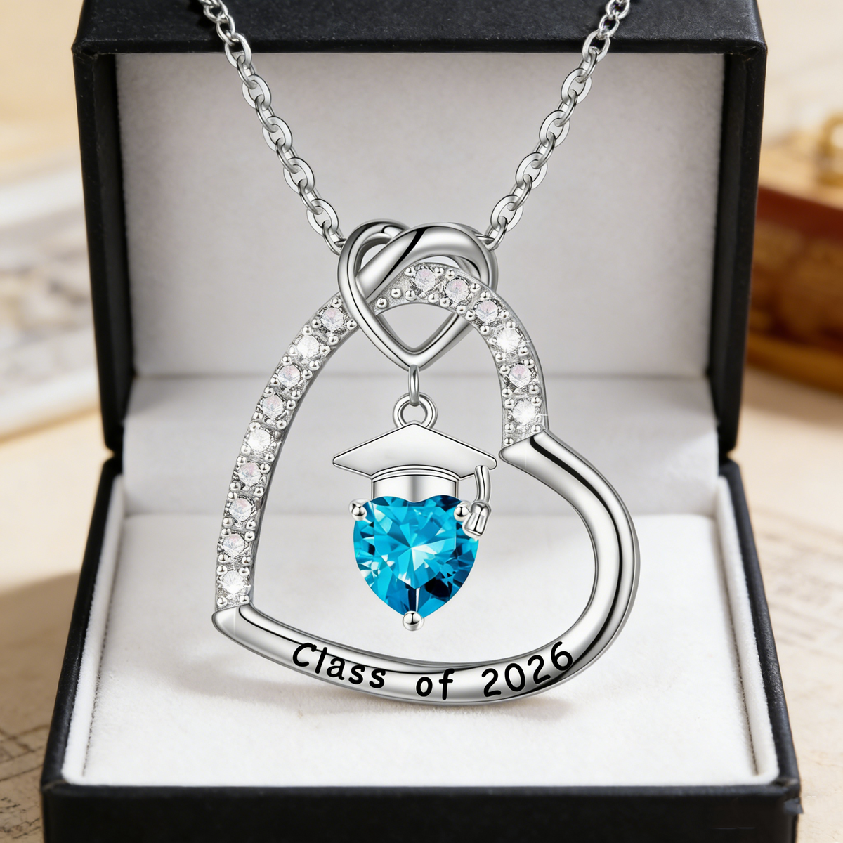 Personalized Graduation Cap Birthstone Heart Necklace