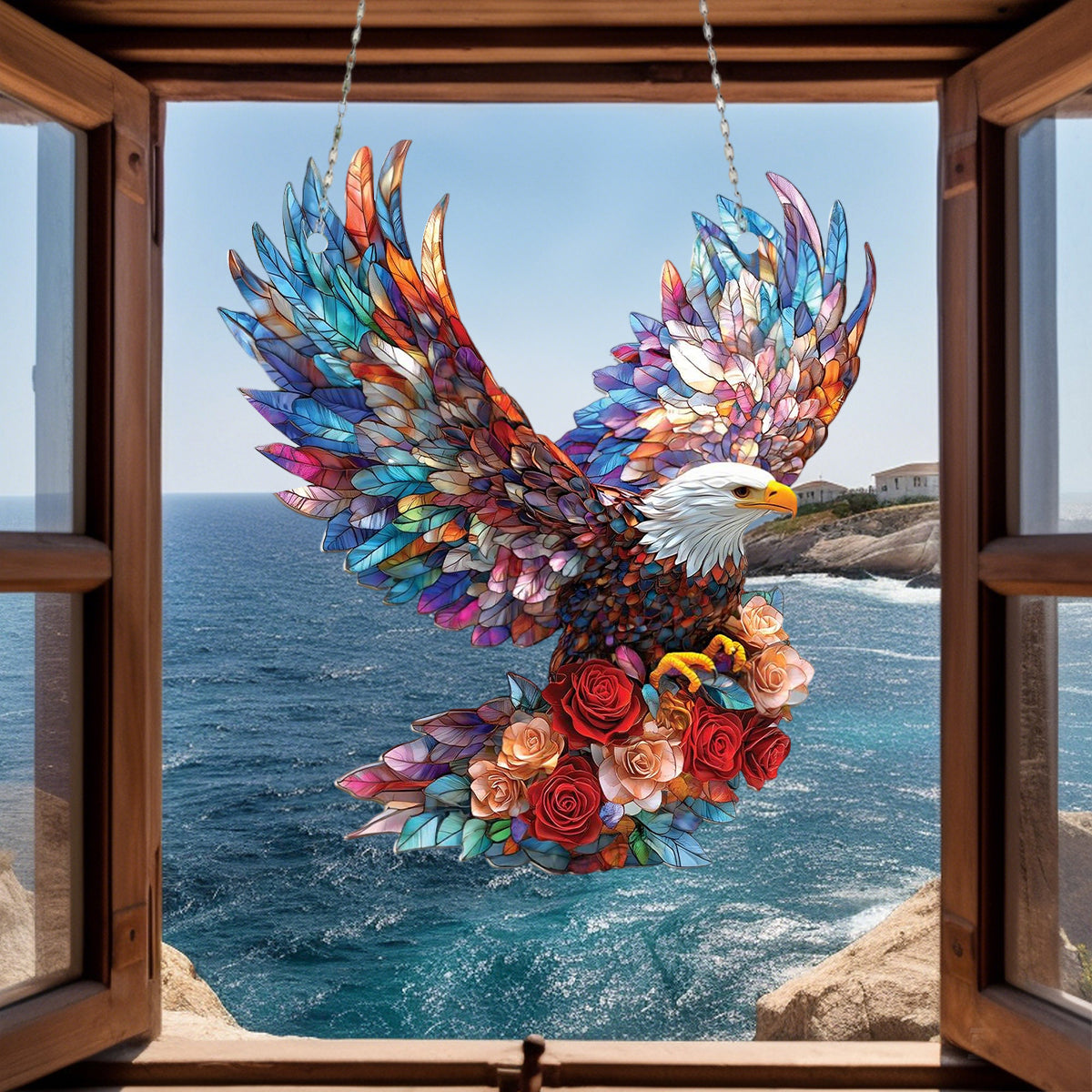 Bald Eagle with Roses Window Hanging - nique Nature-Inspired Gift