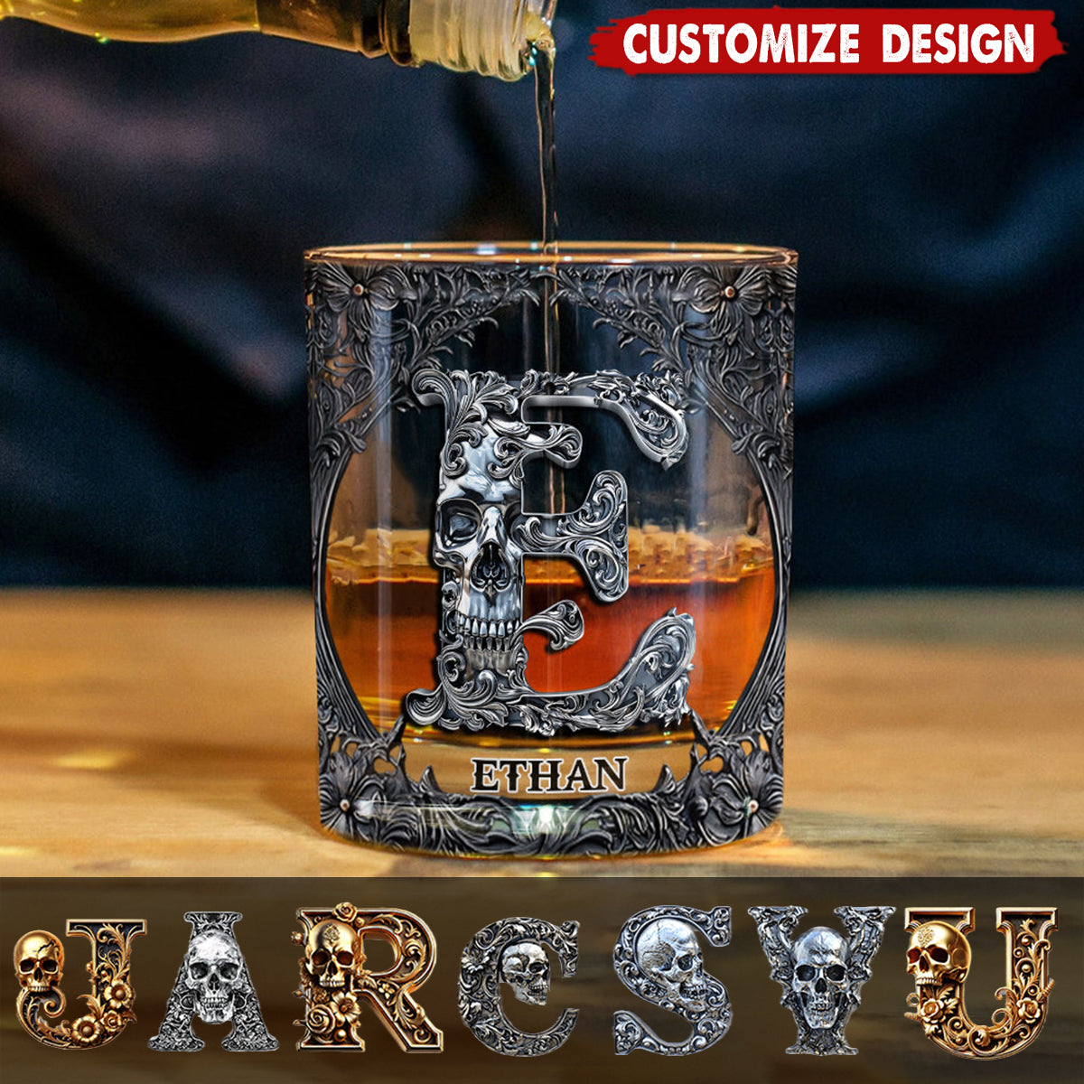 Skull Name Initial Letter - Personalized Skull Whiskey Glass