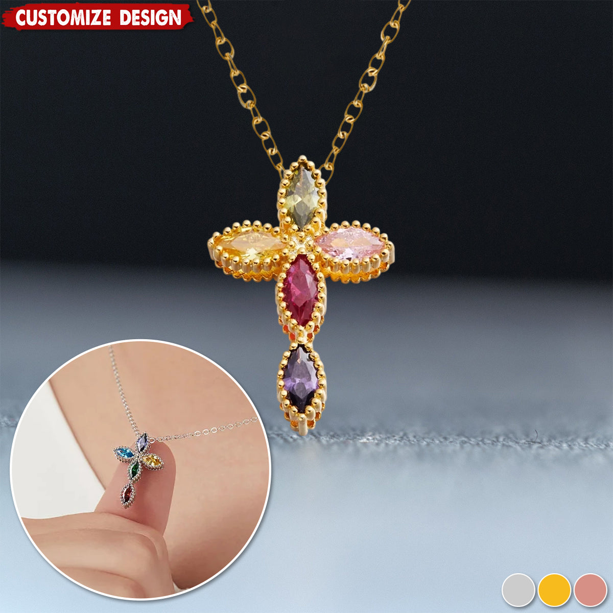 Personalized Mini Cross Pendant Necklace with 1-5 Family Birthstones Christening Gift for Woman
