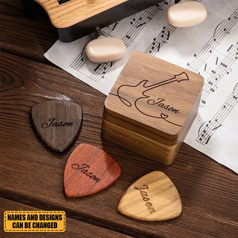 Personalized Wooden Guitar Storage Case and Picks with Engraved Text Gift for Guitar Lover