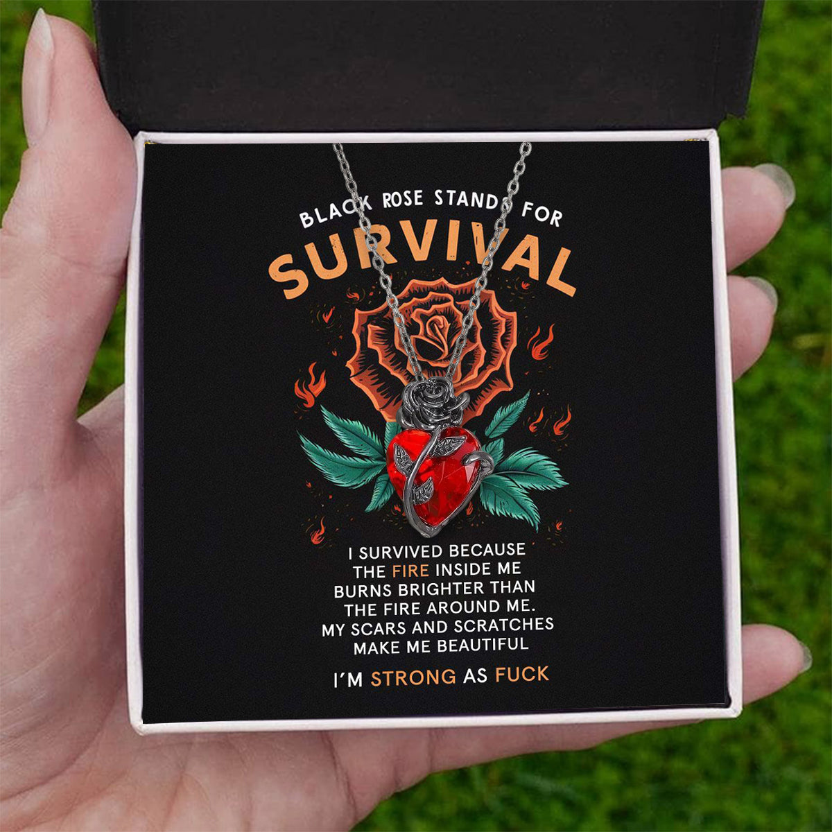 Strong As F*ck Black Rose Heart Necklace