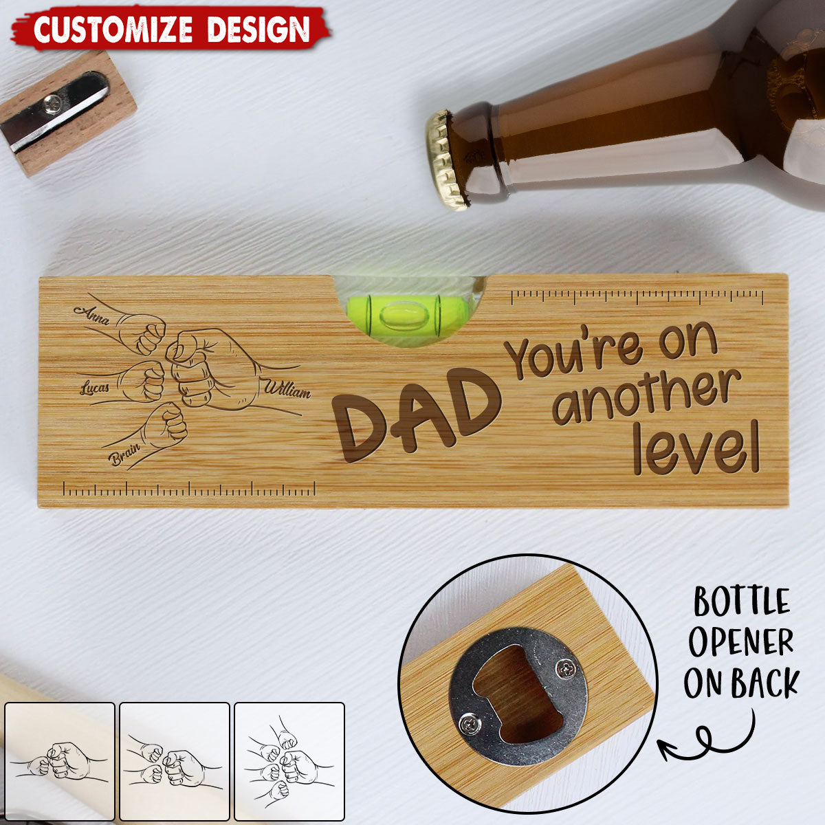 Dad Fist Bump - Personalized Engraved Wooden Spirit Level Bottle Opener