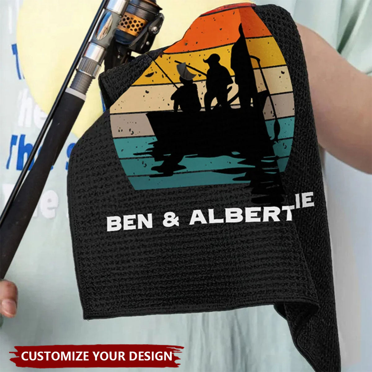 Personalized Fisherman 1-3 Kids Silhouette Soft Waffle Towel with Text and Hook Gift for Fishing Man Dad