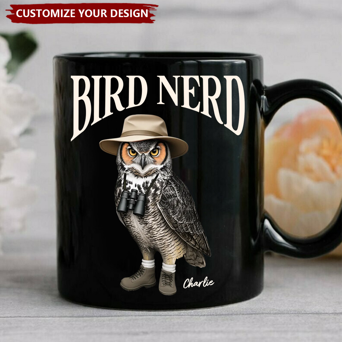 Bird Nerd Funny Bird Watcher Personalized Black Mug, Bird Twitcher Gift for Bird Lover