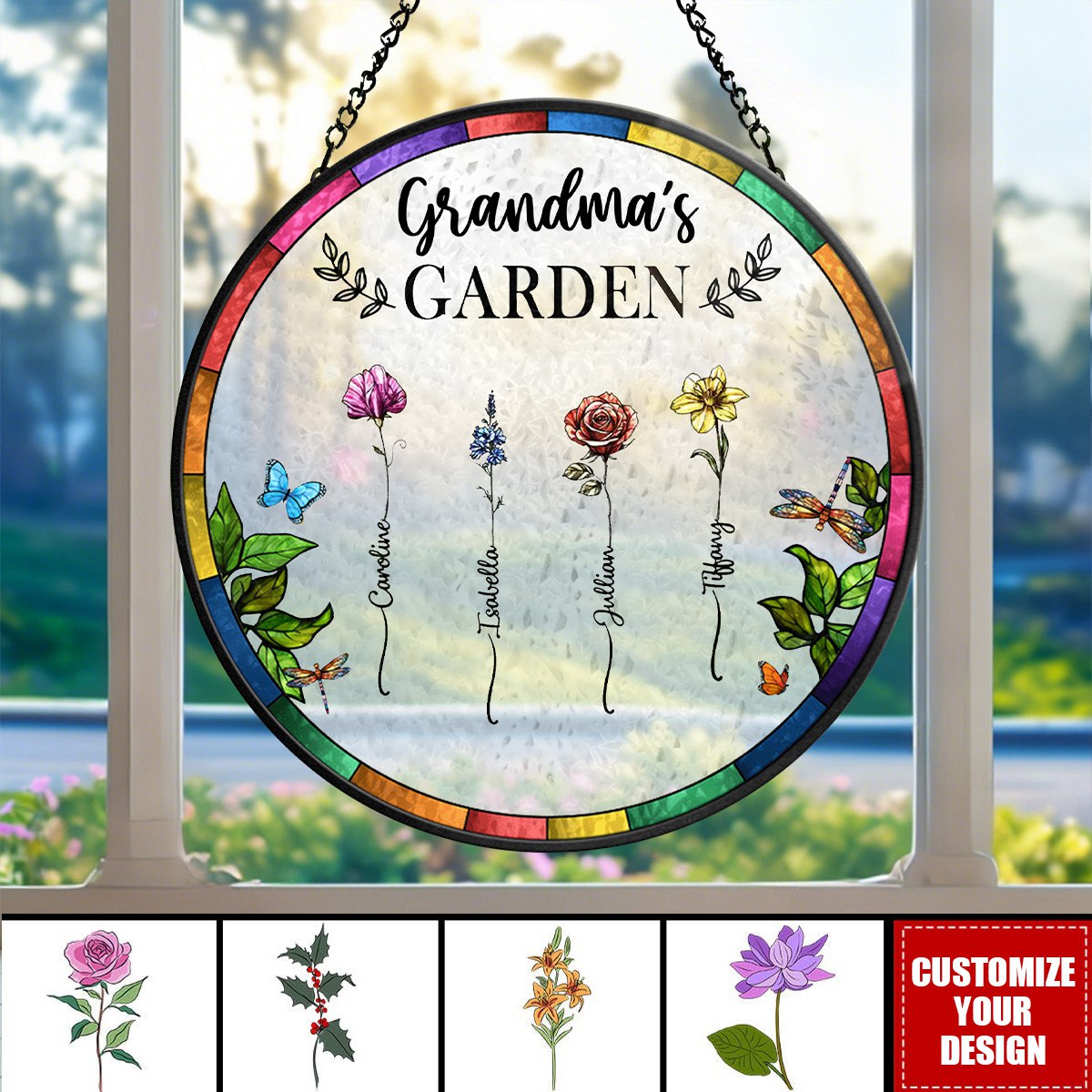 Birth Flower Grandma's Garden - Personalized Stained Glass Window Hanging Suncatcher