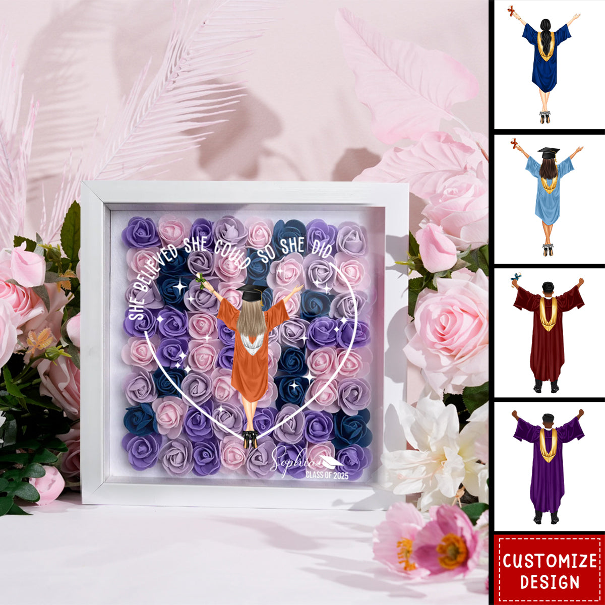 Class Of 2025 Graduation Gift So She Did - Personalized Flower Shadow Box