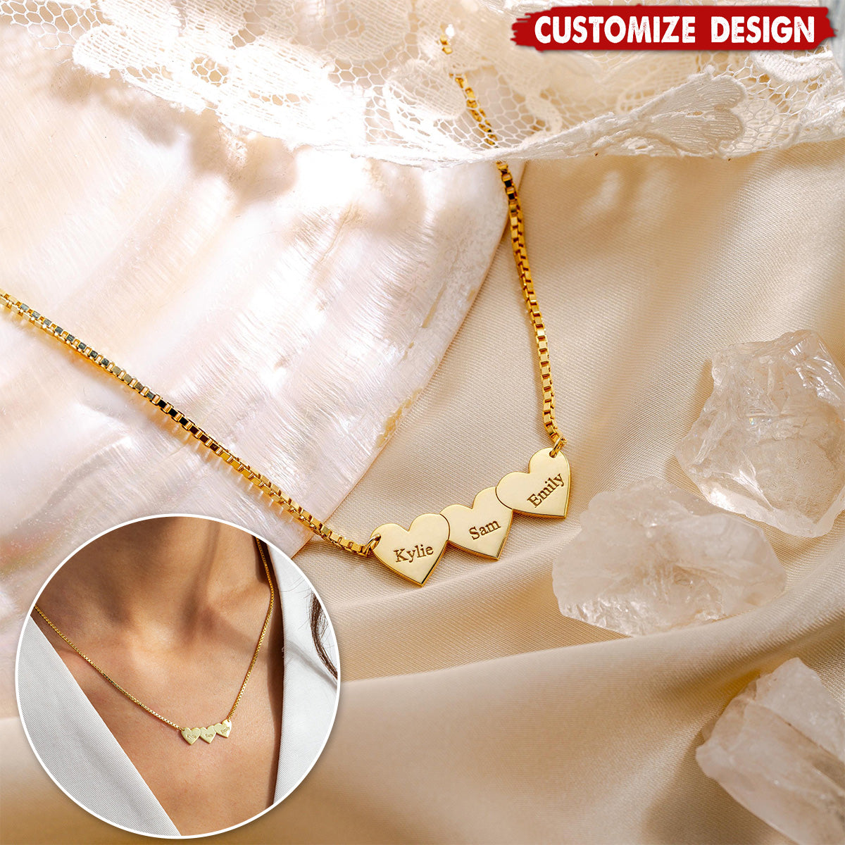 Personalized Name Hearts Necklace - Gift For Mom,Grandma