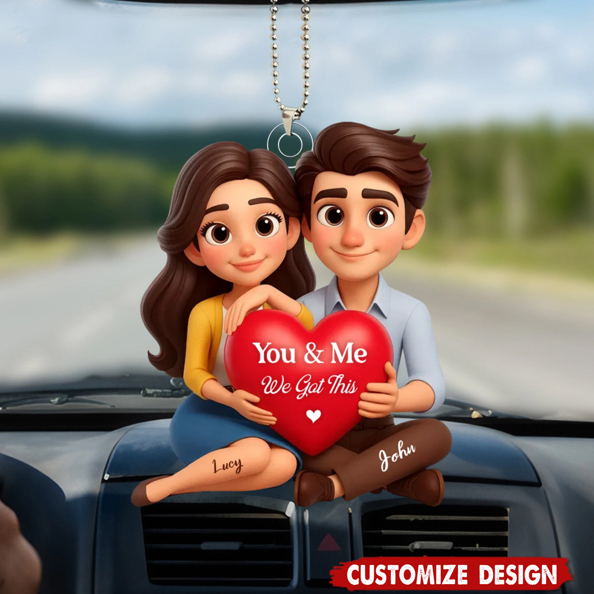 Eternal Love Cartoon Couple Sitting - Personalized Acrylic Car Ornament - Gift for Couple