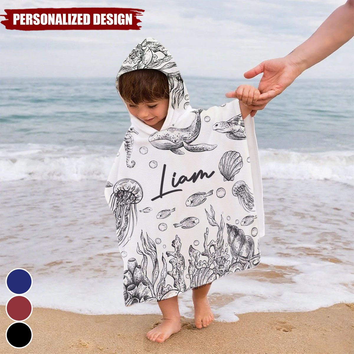 Under The Sea Toile De Jouy-Personalized Kids Hooded Towel