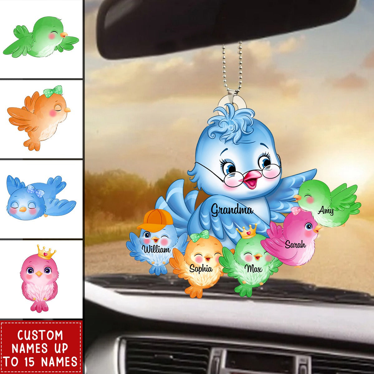 Personalized Nana/Mom Bird WIth Little Kids Acrylic Car Ornament-Gift For Mother's day