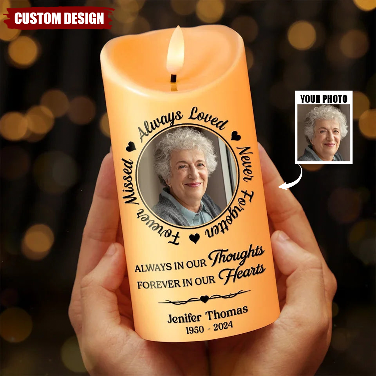 Always In Our Thoughts - Memorial Personalized LED Candle, Sympathy Gift For Family